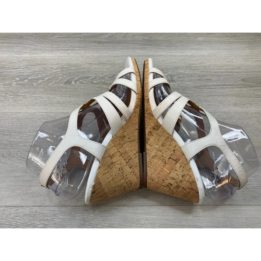 Sofft Katina Women's White Leather Cork Wedge Sandals Strappy Ankle Strap 9